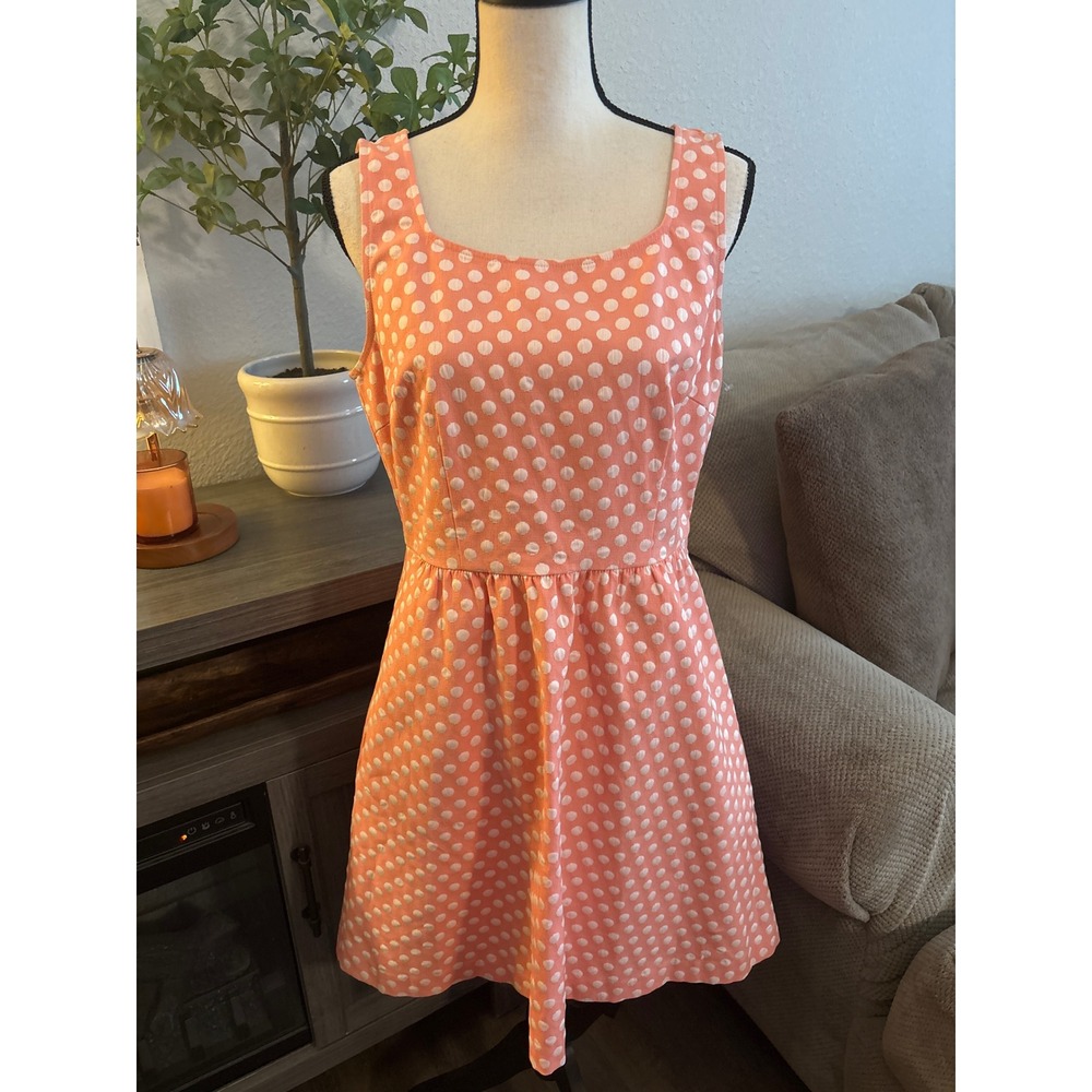 The Limited Peach Coral Polka Dot Fit & Flare Dress Button Back Size 8